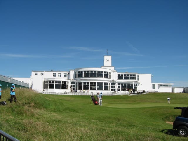 Royal Birkdale Golf Club's art deco clubhouse overlooking the 18th green, Southport, England