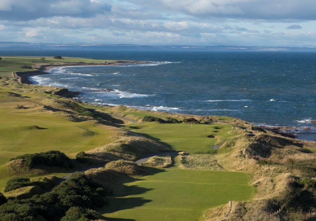 Kingsbarns Golf Links — 2nd hole and North Sea coastline, Fife, Scotland