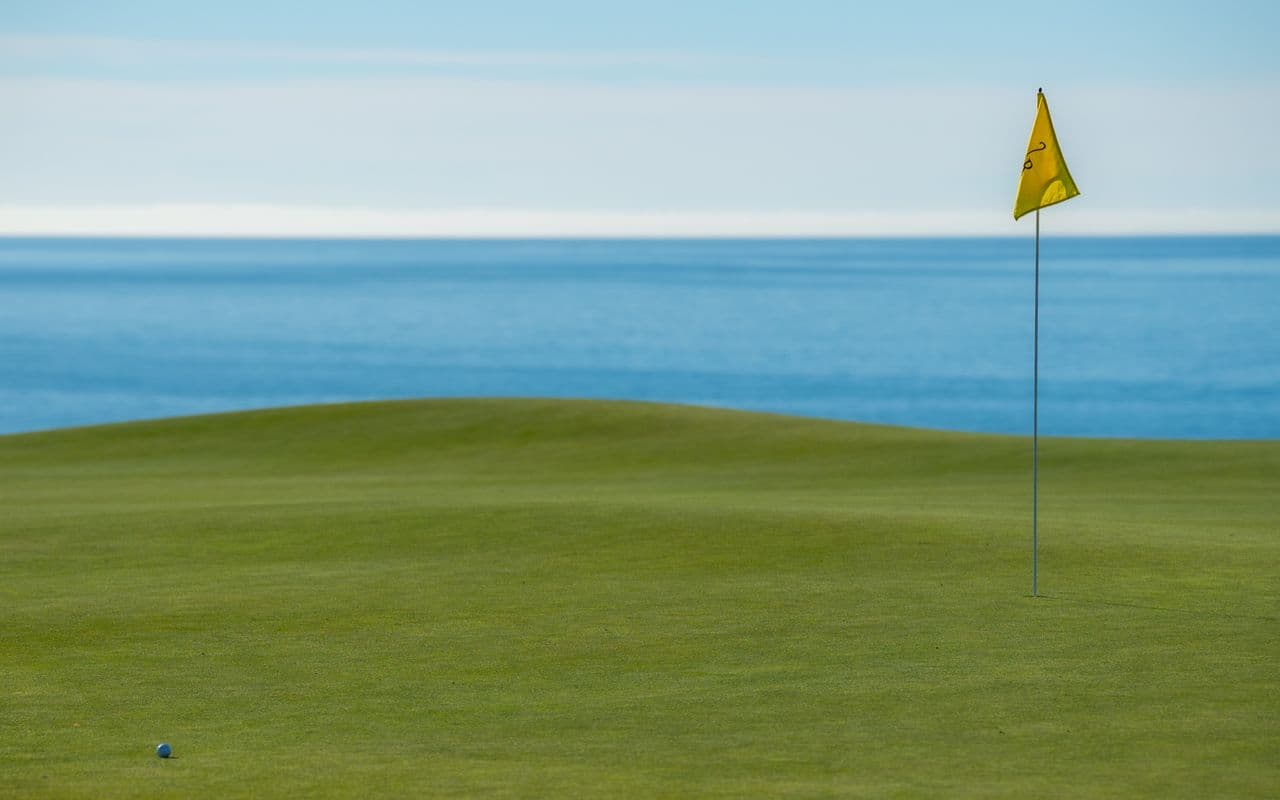 Illustrative coastal golf image — flag on seaside green with ocean backdrop
